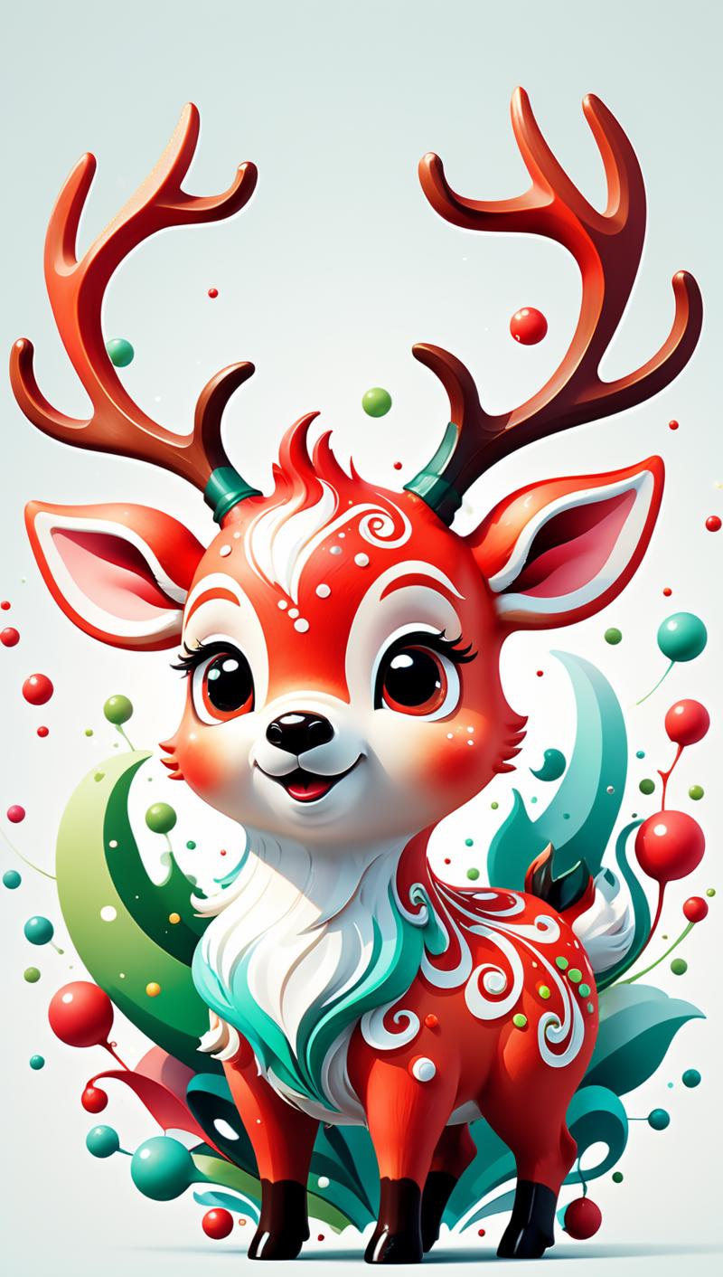 00426-3544040610-A detailed illustration of a print of a colorful cute reindeer, fantasy swirls splash, modern t-shirt design, in the style of St.png